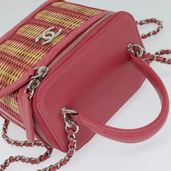 CHANEL Wicker Vanity Chain Shoulder Bag Rattan 2way Pink Silver CC Auth - Picture 7 of 16